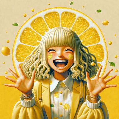 The primary subject of the image is a woman with long hair, wearing a yellow jacket and smiling. She is holding her hands up and appears to be enjoying herself. The setting is a sunny day, with a bright yellow background. The visual style is a digital art illustration, featuring a vibrant color palette and a cheerful atmosphere.